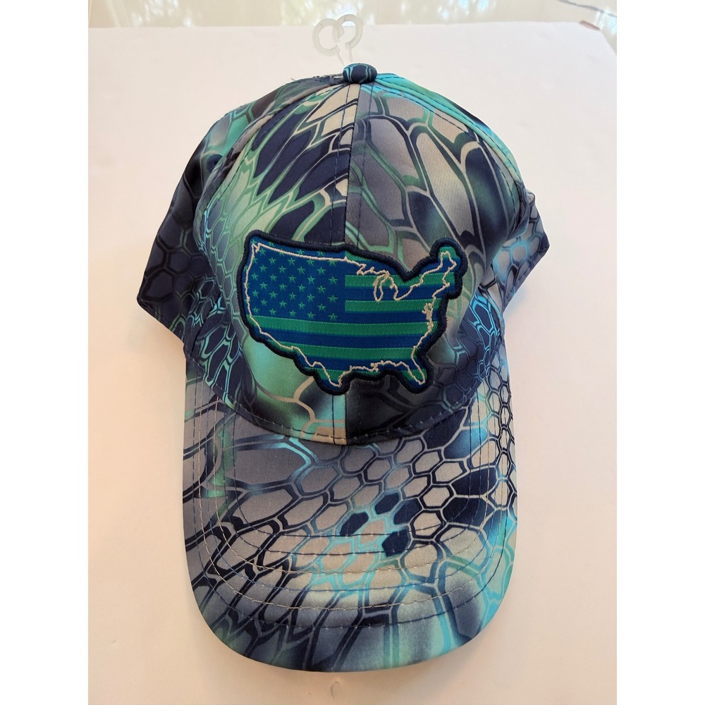 Kryptek Pontus Camo USA Flag Map Hat Blue Teal Q3 Moisture Wicking Baseball Cap